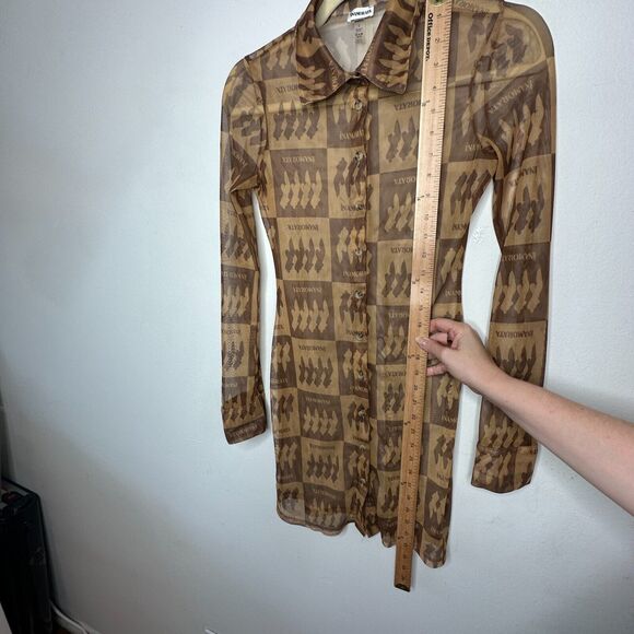 Inamorata Riviera Brown Check Mesh Dress Long Sleeve Button Up Mini Dress S - Picture 10 of 13